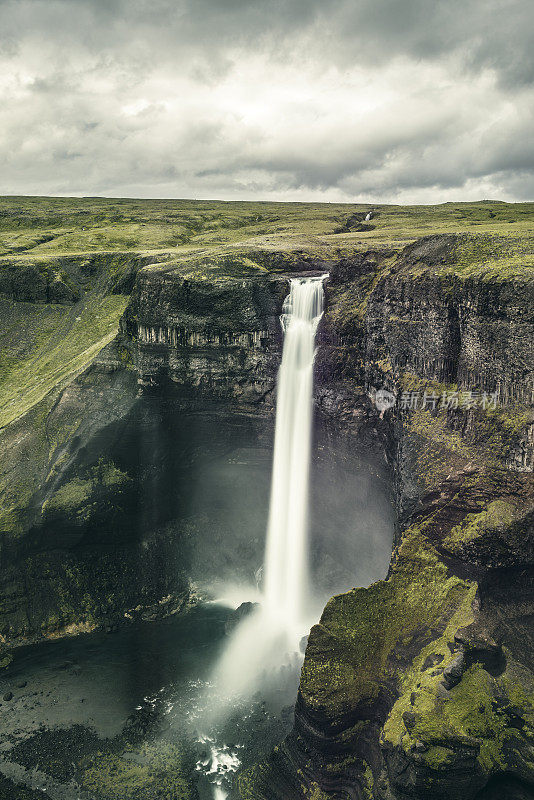 View on the Haifoss waterfall from the Fossa river in Iceland